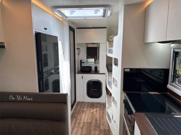  100L Grey Water<br />Battery System: 200AH Lithium with Renogy Pro Battery Management<br />Solar Capacity: 400W<br />Fridge: 188L Compressor<br />Air Conditioner: Dometic Harrier Lite<br />Cooking: Gas/Electric Stove and Grill<br />Bathroom: Shower and Cassette Toilet Combo<br />Entertainment: Flat Screen TV