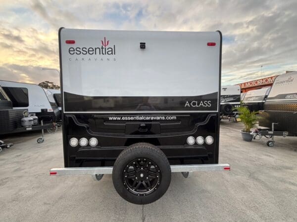  the A-Class is a sleek looking unit. Standard Lithium and solar means the A-Class is your gateway to limitless exploration.<br><strong></strong><br><strong>WEIGHTS</strong><br>Tare: 2096 Kg<br>GTM: 2574 Kg<br>ATM: 2746 Kg<br>Ball: 172 Kg<br><br><strong>CHASSIS</strong><br>- 6” Heavy Duty A-frame<br>- A-Frame Tap & Gas Regulator<br>- Straight Axles to Single & Tandem axle<br>- 10” Electric Brakes to Tandem Axle<br>- 12” Electric Brakes to Single Axle<br>- 4” Heavy Duty Chassis<br>- 2” Chassis Raiser <br>- 50mm Ball Coupling<br>- Lockable Coupling with Twin Safety Chains<br>- Wind Up Jack<br>- 8” Jockey Wheel<br>- Spare Wheel<br>- Drop Down Stabilizer Stands<br>- Batteries Mounted on Chassis<br>- Water Tank Stoneguards<br>- Load Share Leaf Spring Suspension<br>- Break Away System<br>- Heavy Duty 2 Arm Bumper<br>- Plastic moulded Wheel Spats<br><br><strong></strong><strong>ELECTRICAL</strong><br>- Mini Grill with 3 Burner Gas & 1 240V Element<br>- Pot Drawer<br>- Microwave in OHC<br>- 2-way switch from bedroom to Ensuite lights<br>- Projecta PM235C 30A Battery Management System <br>- 4” LED Monitoring Screen<br>- 1 x 300AH Lithium Battery Chassis Mounted<br>- 2 x 220W Solar Panels<br>- Bug Annexe Light<br>- External TV Bracket<br>- 12V/USB Socket & TV Point at Outside Table<br>- 240V 15AMP Inlet & 240V 10AMP Outlet<br>- Double 240V Point & USB Point to each Wardrobe & Lounge<br>- Roof Digital TV Antenna<br>- Bulk Heads With Strip Lights<br>- Reversing Camera & Car Monitor Kit<br>- Circuit Breaker & Earth Leakage<br>- Door Light & Entry Handle<br>- LED External Lights<br>- LED Lighting - Roof